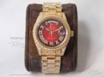 TW Replica 904L Rolex Day Date II Red Dial Yellow Gold Baguette Diamond Bezel 41 MM 2836 Watch